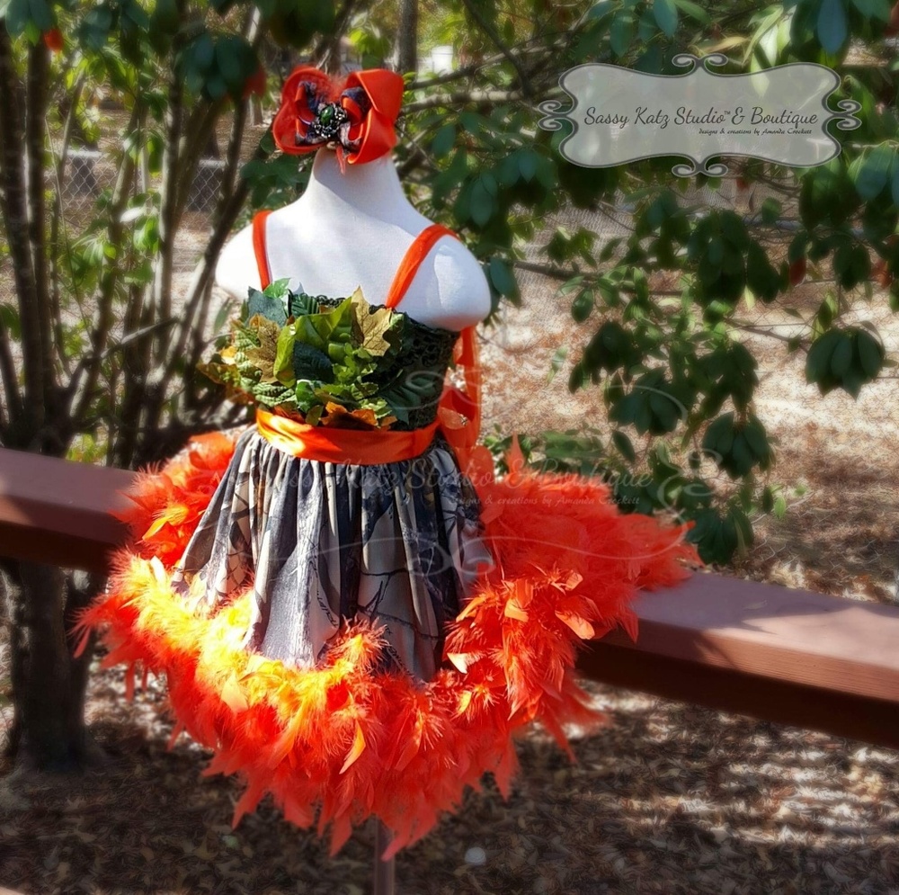 🎄 Neon Orange Camo Leaves Feathers Pageant Dress Bow SET Toddler 1 2 3 1T 2T 3T